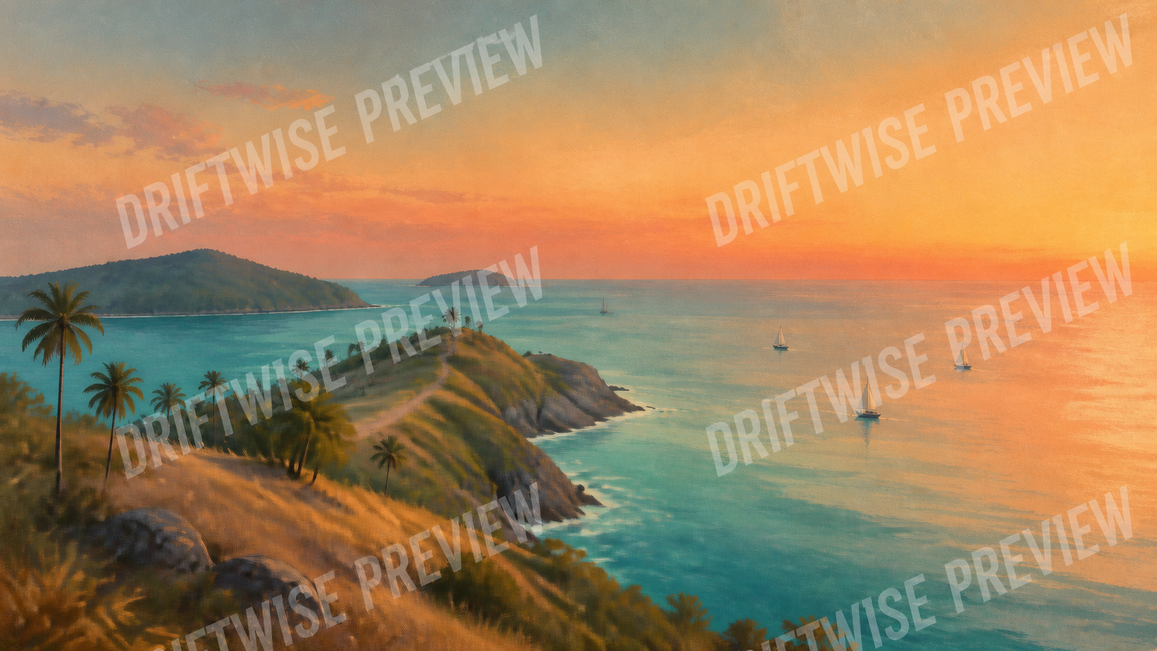 Watermarked cinematic gouache interpretation of Promthep Cape at sunset