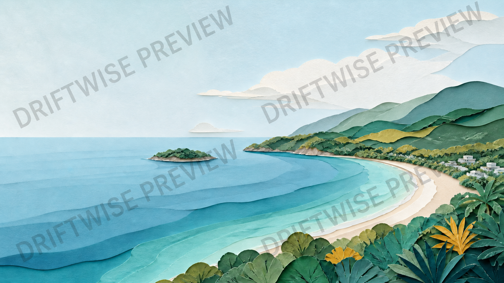 Watermarked layered paper-cut interpretation of Kata Bay