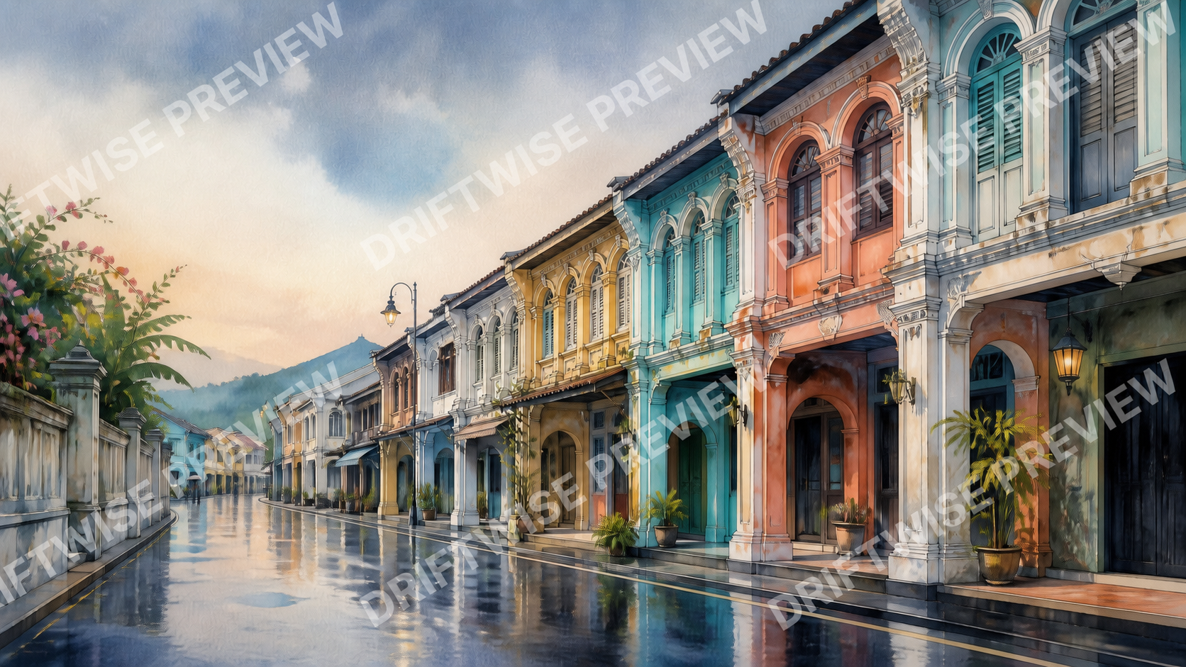 Watermarked architectural watercolor interpretation of Phuket Old Town after rain