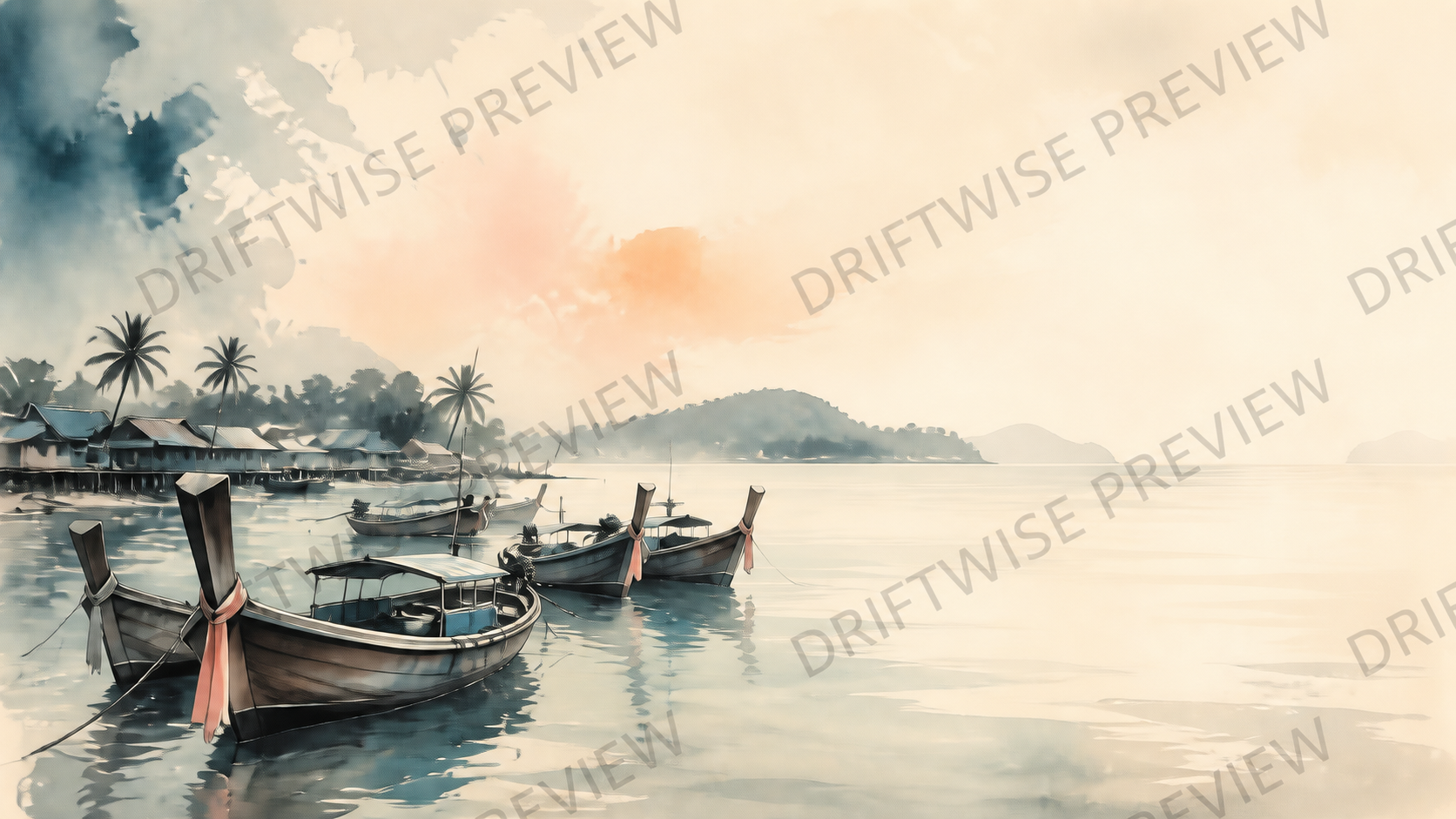 Watermarked ink-wash interpretation of long-tail boats at Rawai