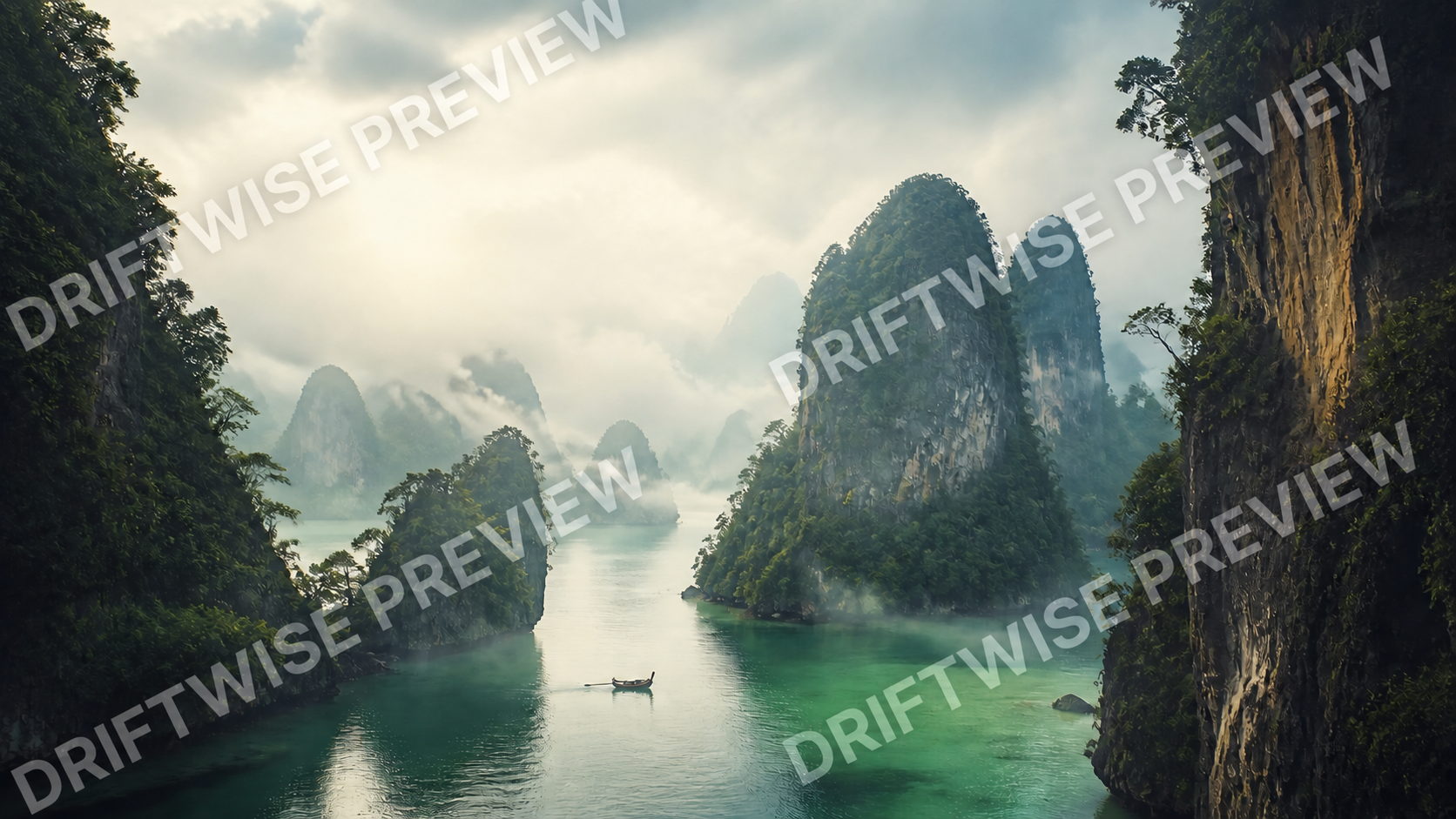 Watermarked cinematic AI interpretation of limestone islands in Phang Nga Bay