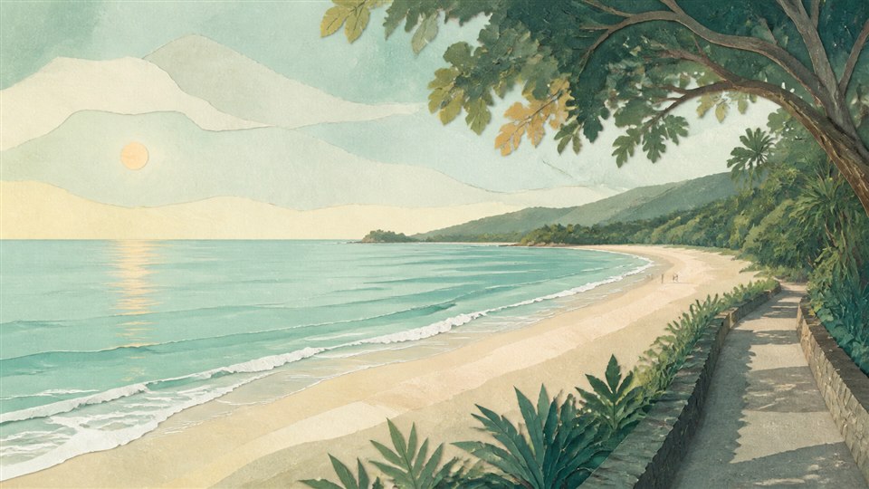 AI-created layered-paper sunrise inspired by Karon Beach