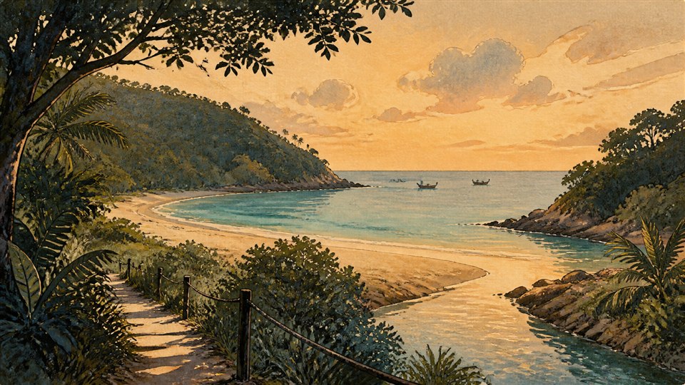 AI-created watercolor and linocut sunset inspired by Nai Harn Beach