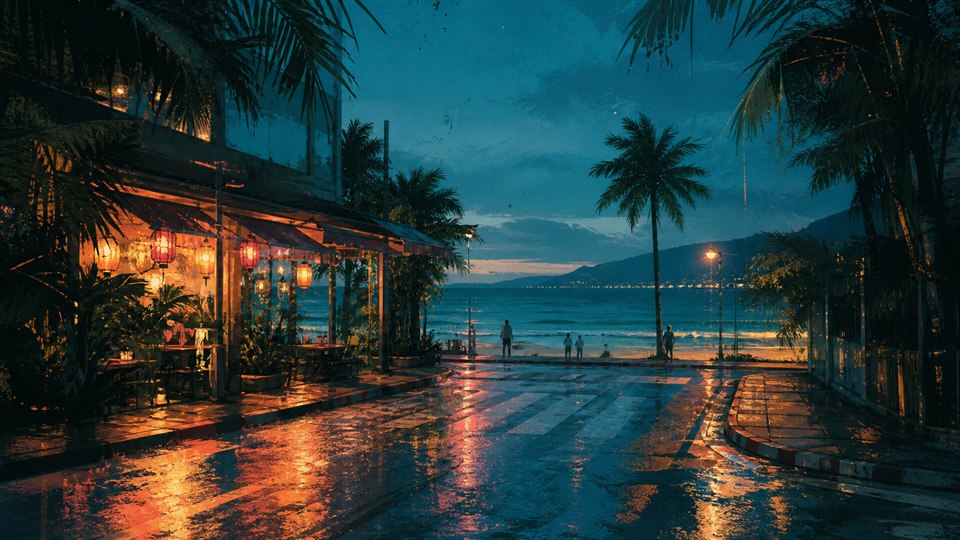 AI-created Patong street scene after tropical rain at blue hour