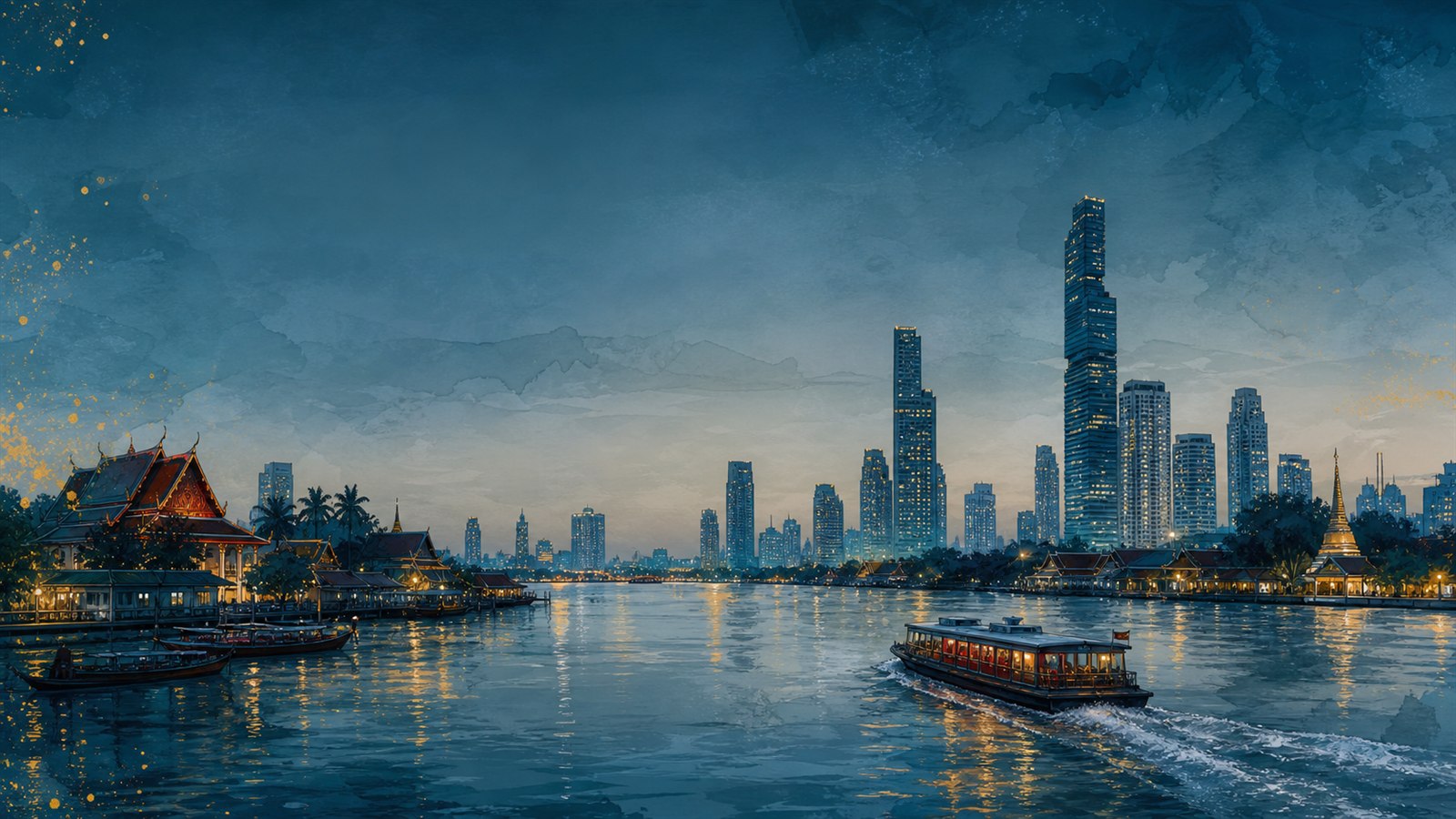 AI-created editorial artwork inspired by Bangkok on the Chao Phraya River at blue hour