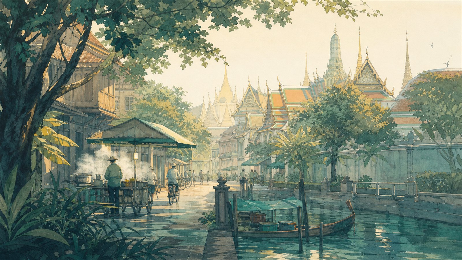AI-created early-morning atmosphere inspired by Rattanakosin Old Town