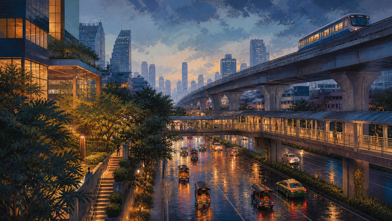 AI-created Bangkok Sukhumvit street after tropical rain